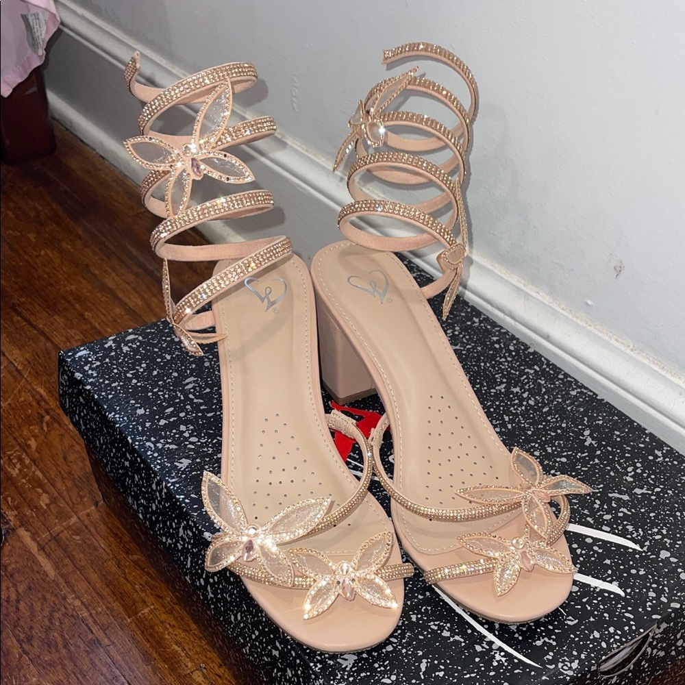 Windsor Nude Strappy Heels with Floral Accents